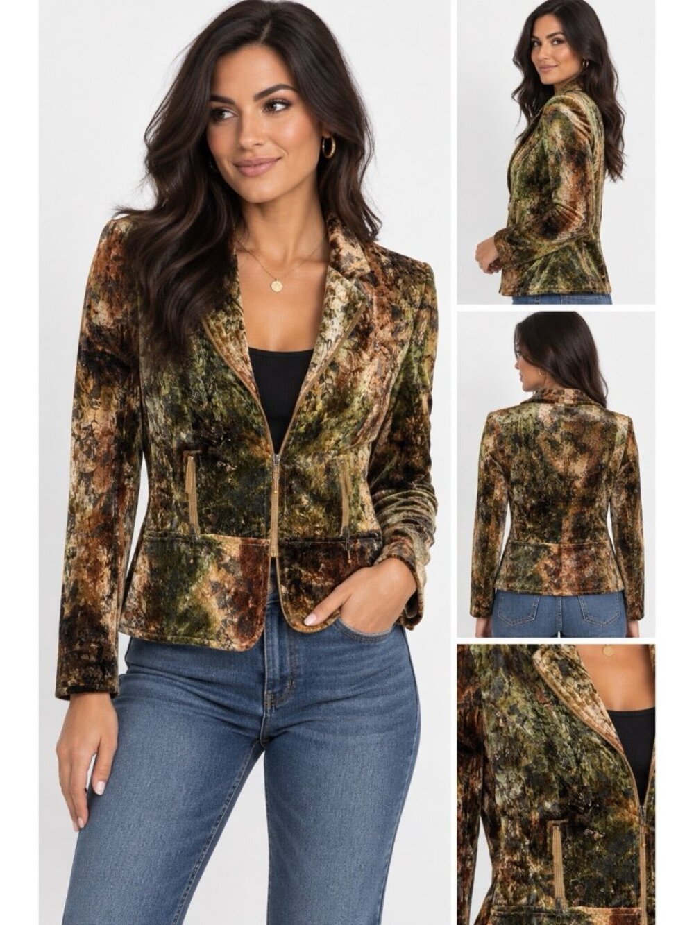Joseph Ribkoff  Zip Up Blazer Jacket 8 Medium Velvet Black Gold Floral Fitted Y1